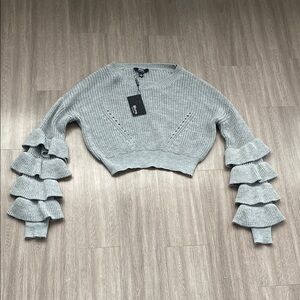 Gray Ruffled Sleeve Sweater